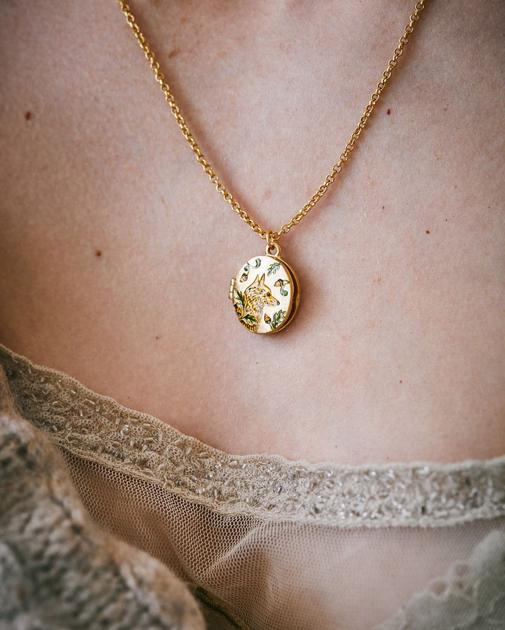 Fox & Acorn Oval Chain Locket Necklace