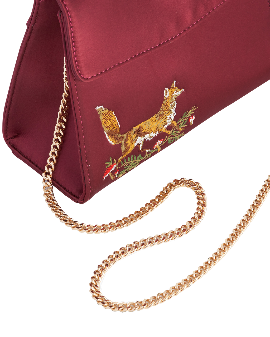 Fox & Mushroom Embroidered Burgundy Satin Tote