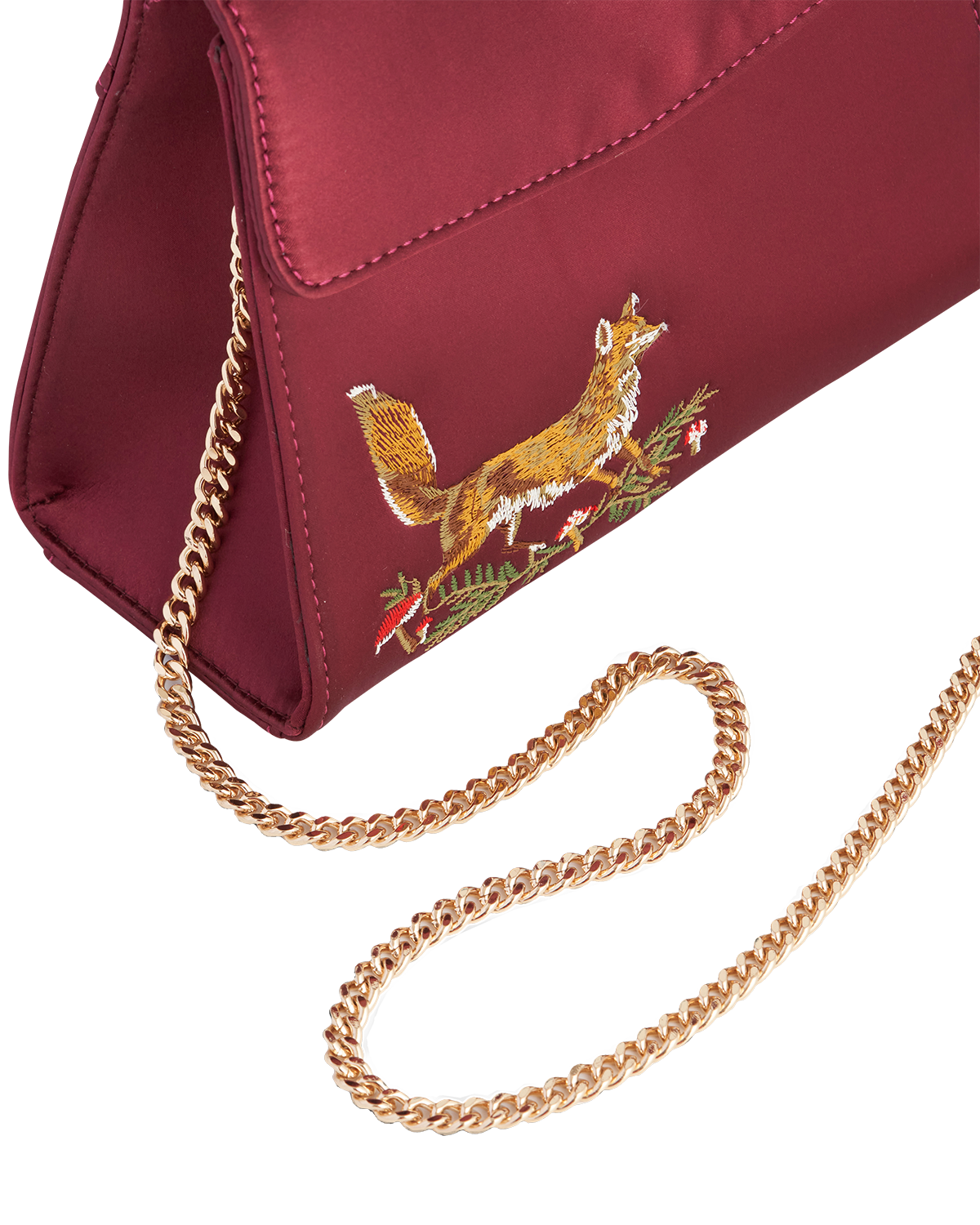 Fox & Mushroom Embroidered Burgundy Satin Tote
