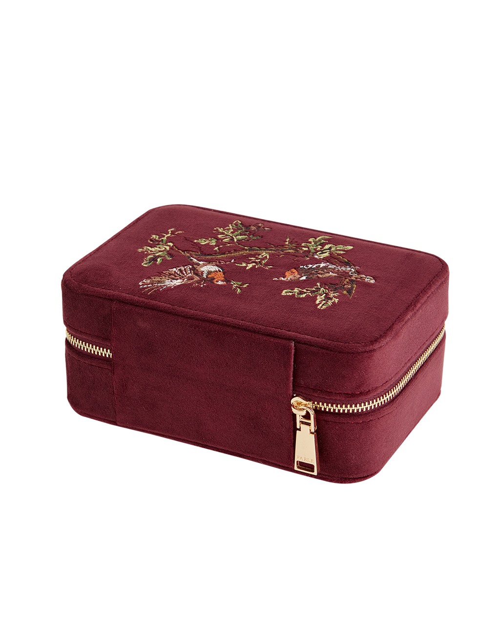 Robin Love Embroidered Large Jewellery Box Redcurrant Velvet