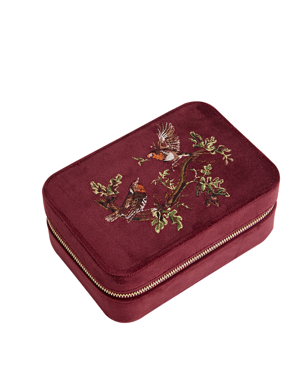 Robin Love Embroidered Large Jewellery Box Redcurrant Velvet