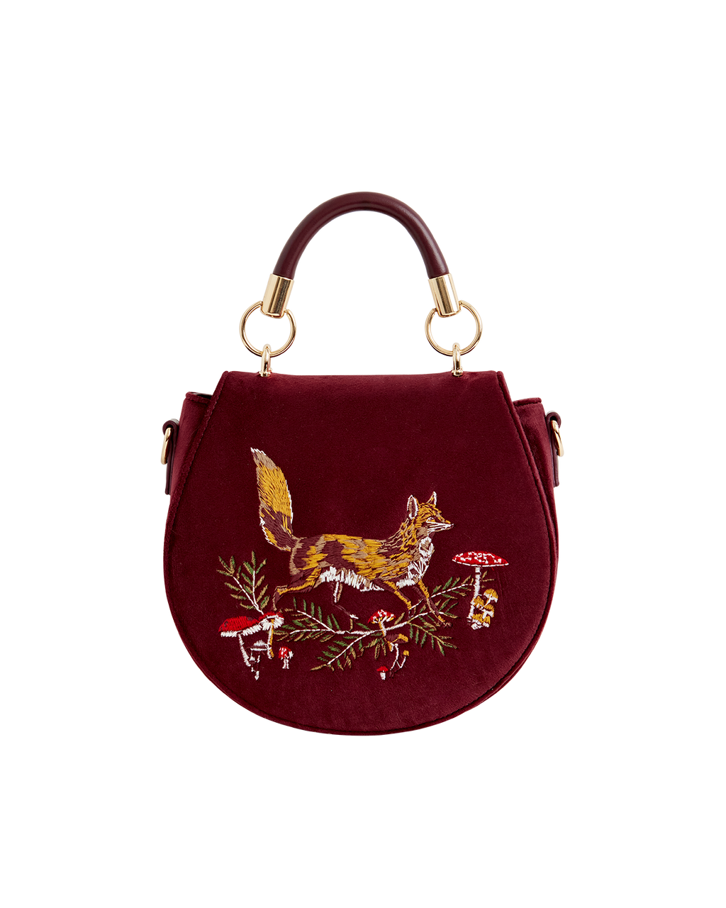 Fox & Mushroom Embroidered Saddle Bag - Redcurrant Velvet