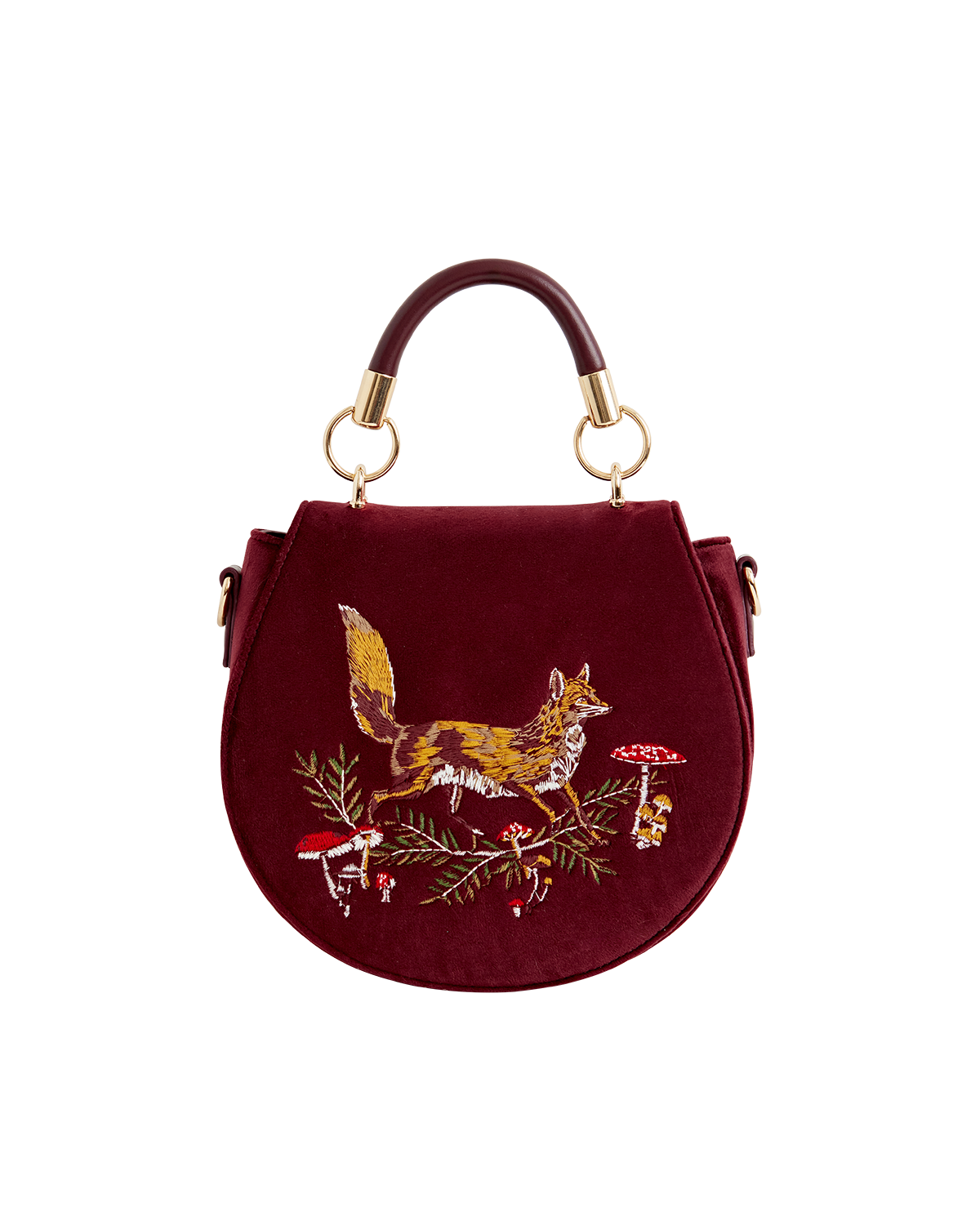 Fox & Mushroom Embroidered Saddle Bag - Redcurrant Velvet