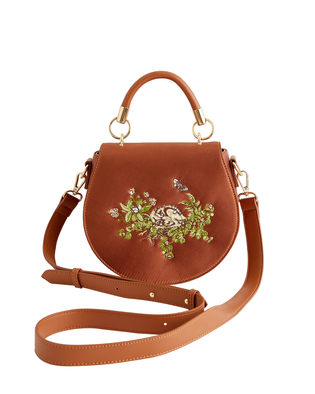 Sleepy Fawn Embroidered Satin Saddle Bag