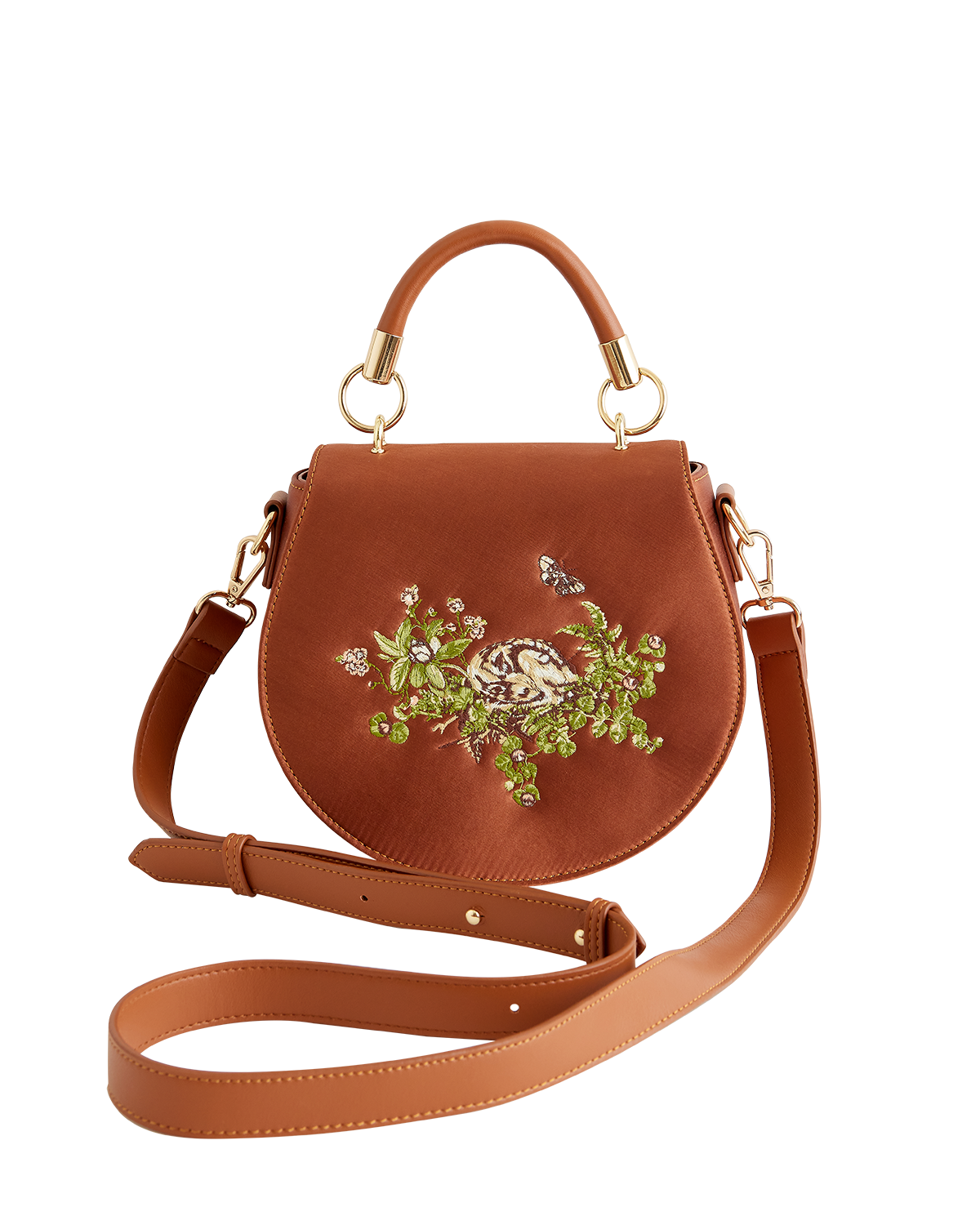 Sleepy Fawn Embroidered Satin Saddle Bag