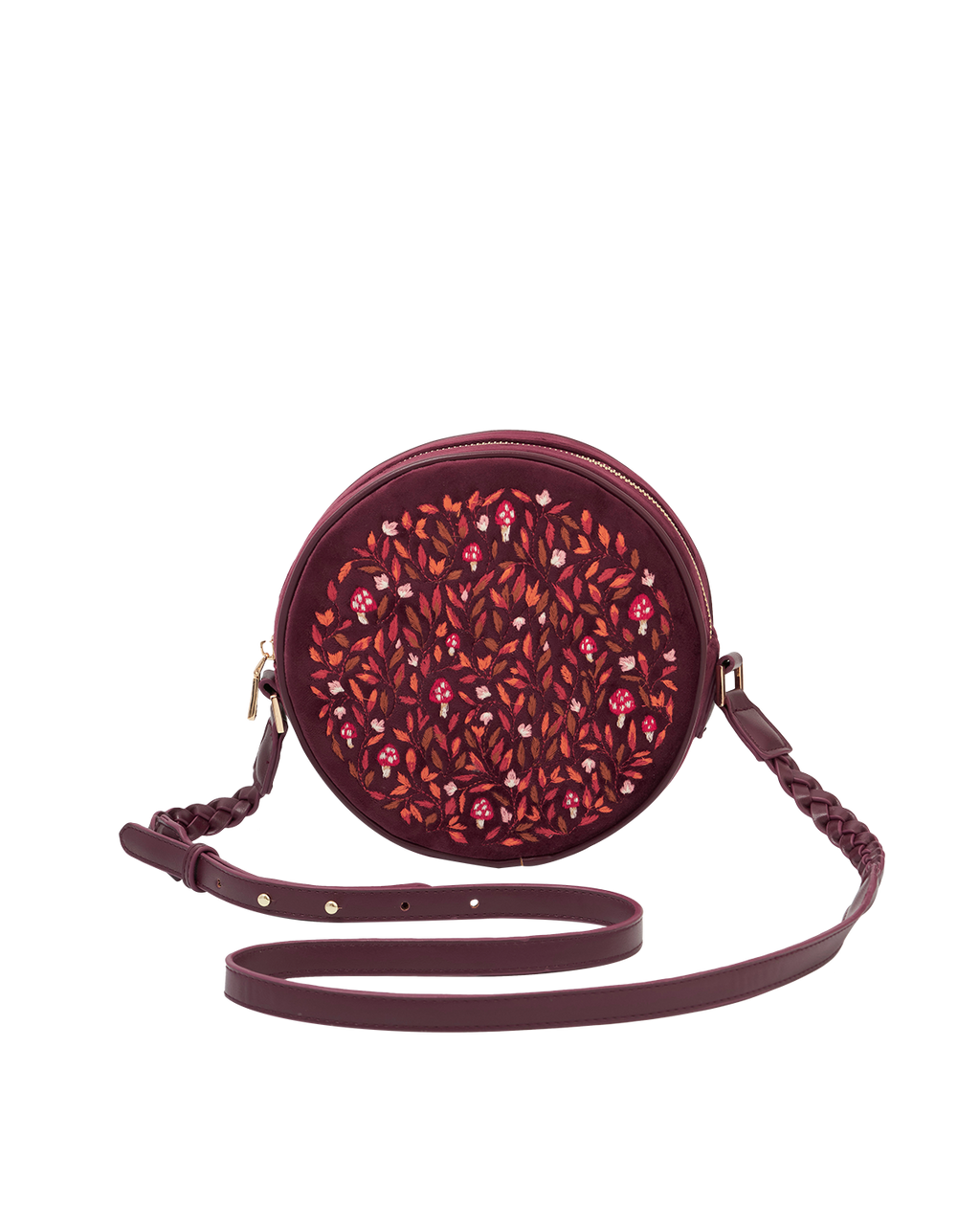 Magical Mushroom Embroidered Burgundy Velvet Circle Bag