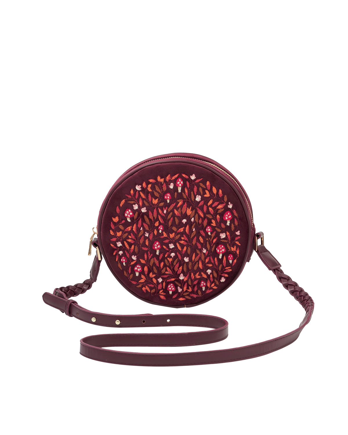 Magical Mushroom Embroidered Burgundy Velvet Circle Bag