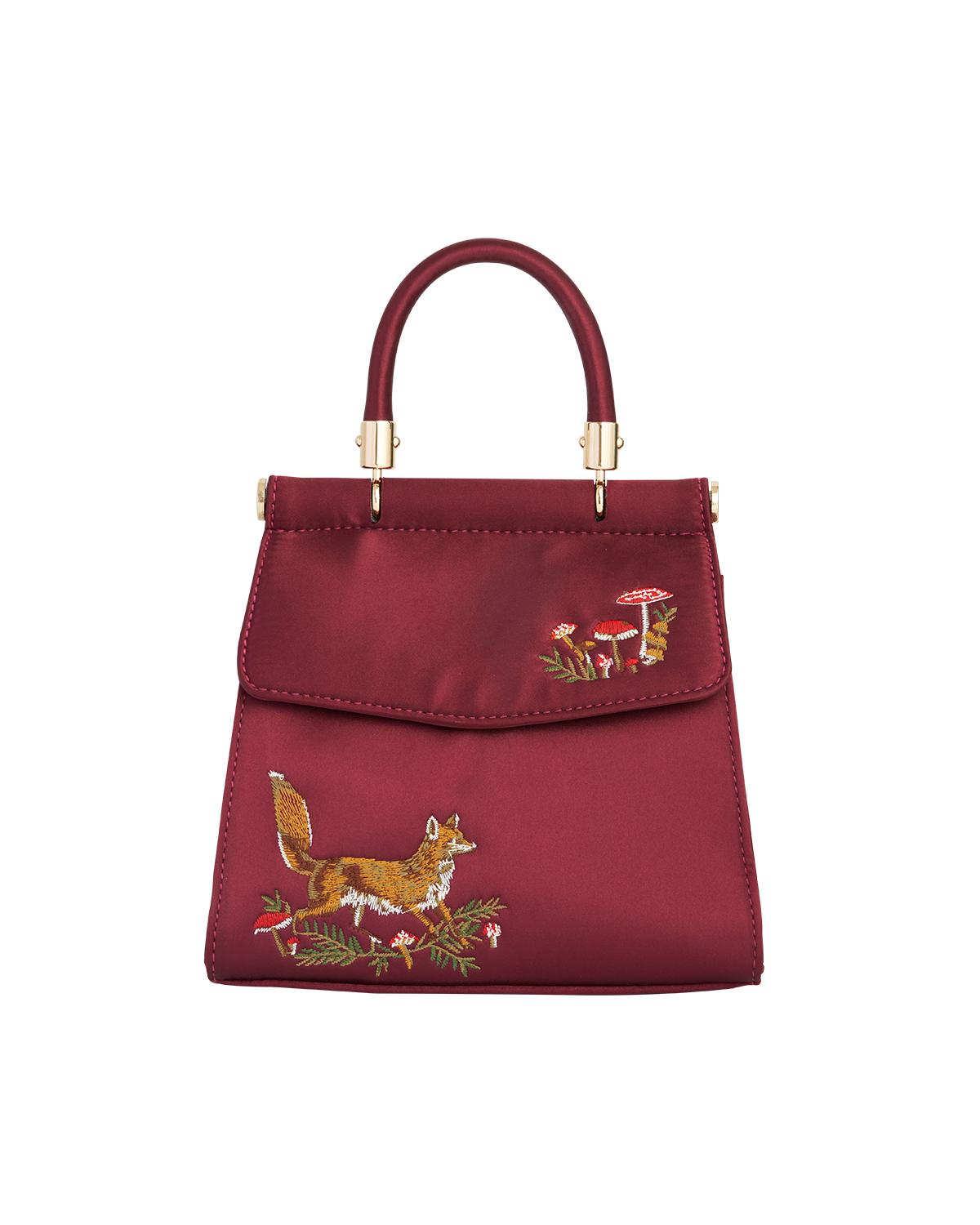Fox & Mushroom Embroidered Burgundy Satin Tote
