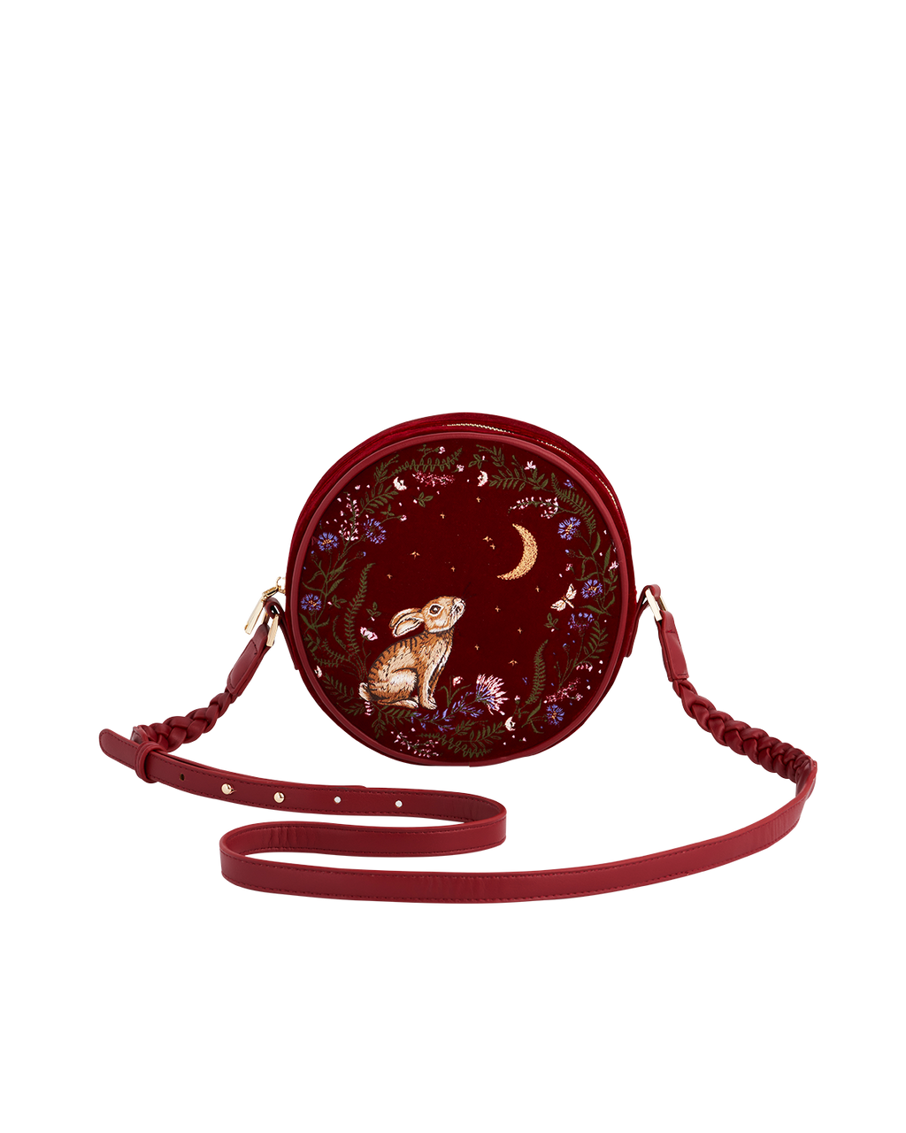Red Star Gazing Rabbit Embroidered Circle Bag