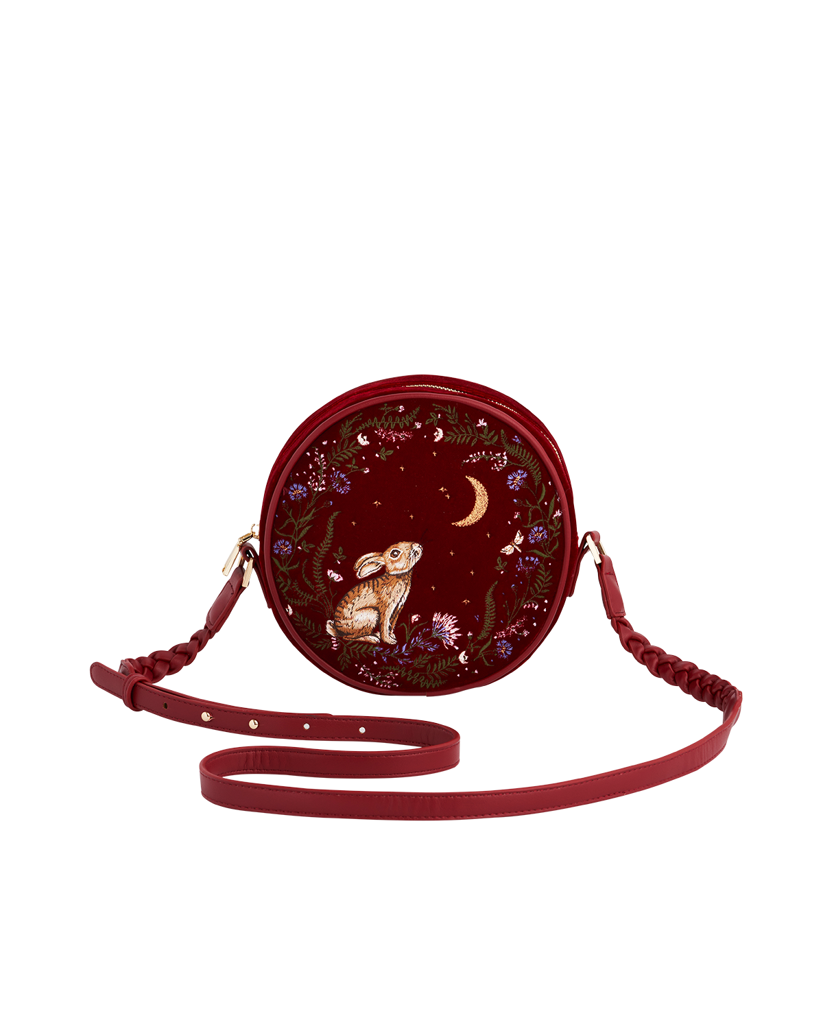 Red Star Gazing Rabbit Embroidered Circle Bag