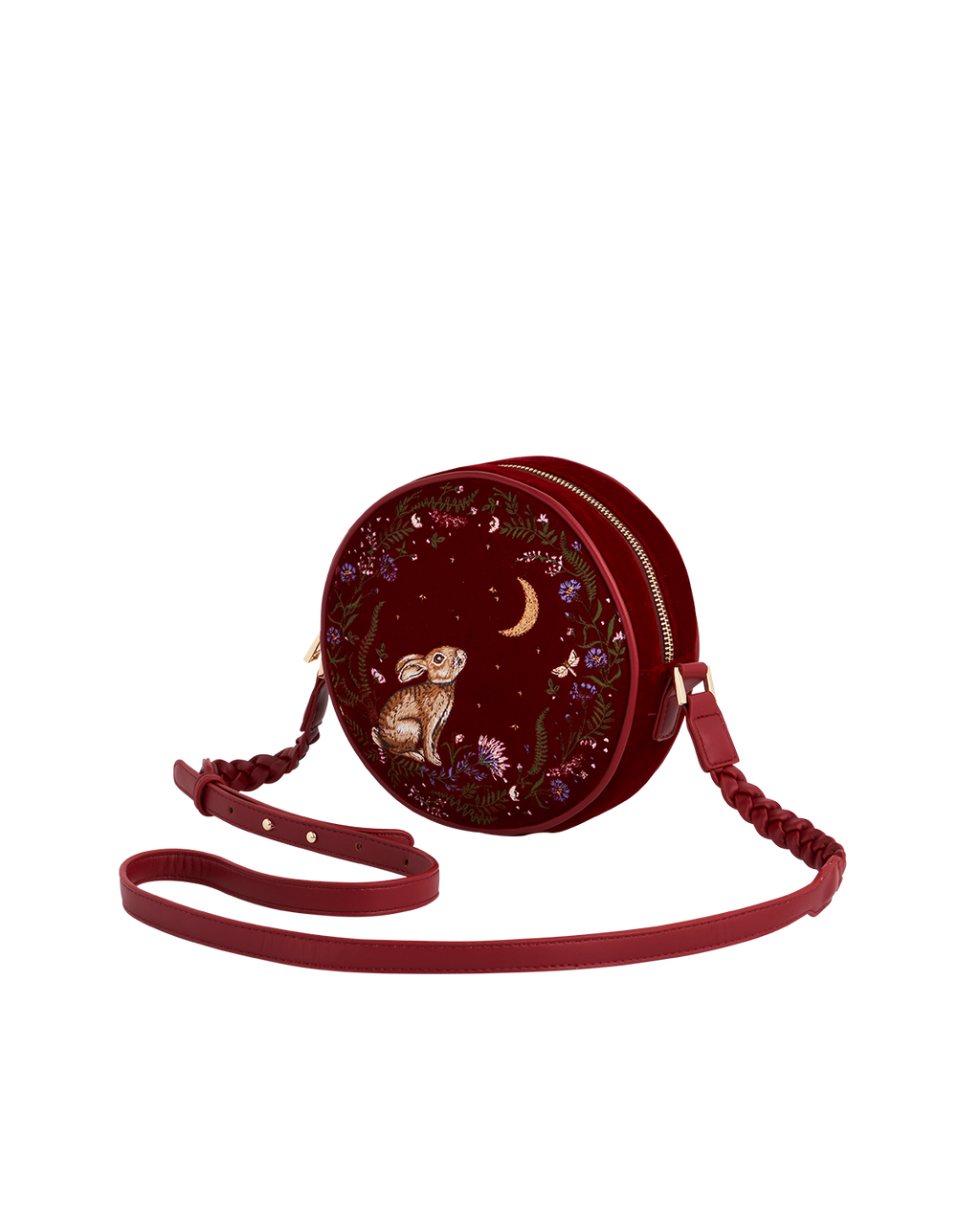 Red Star Gazing Rabbit Embroidered Circle Bag