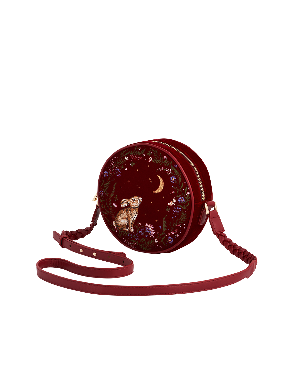 Red Star Gazing Rabbit Embroidered Circle Bag