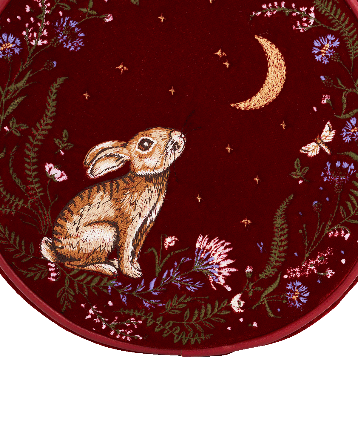 Red Star Gazing Rabbit Embroidered Circle Bag