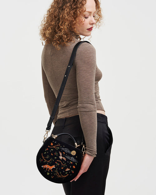 Black Fox & Owl Embroidered Top Handle Saddle Bag