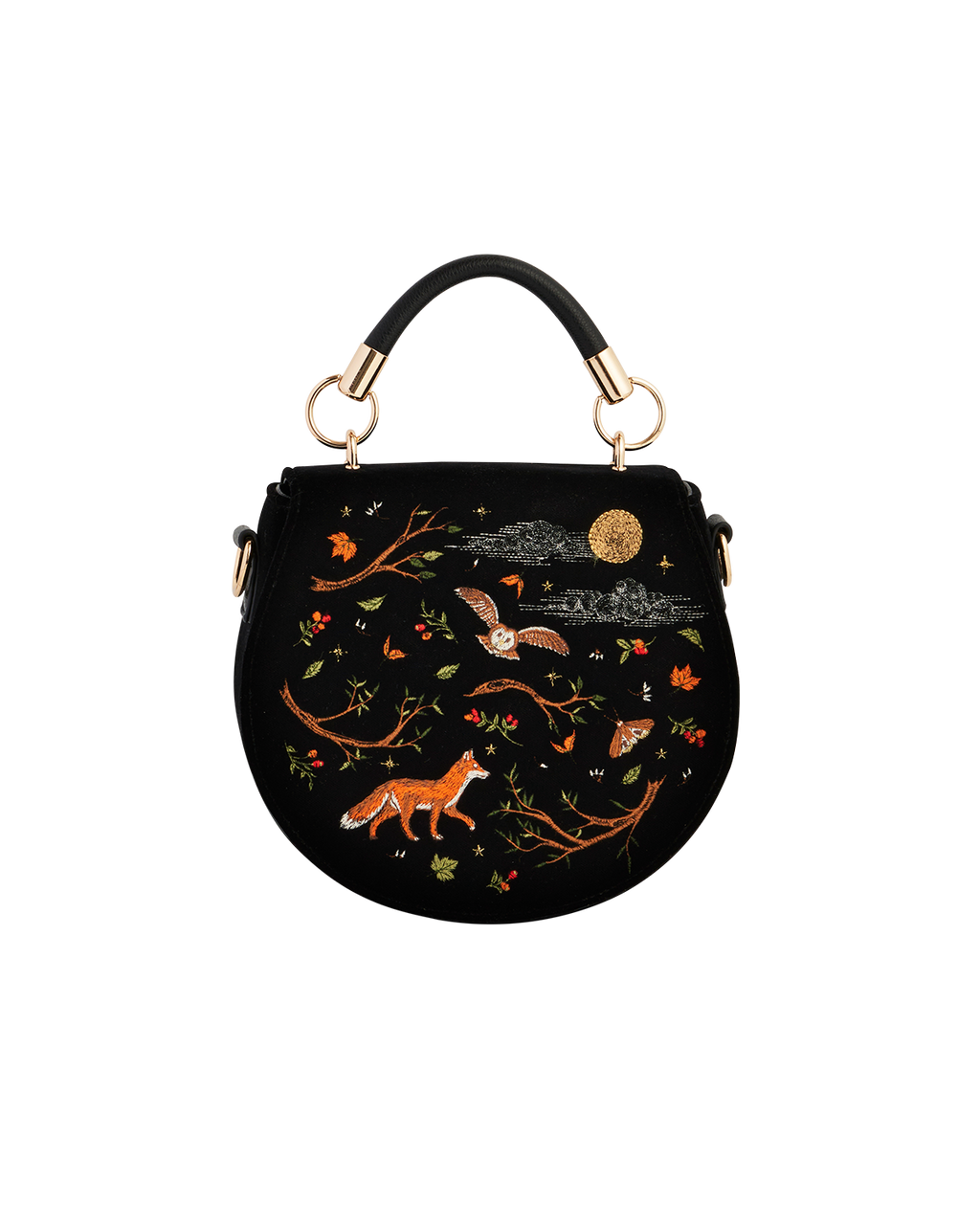 Black Fox & Owl Embroidered Top Handle Saddle Bag