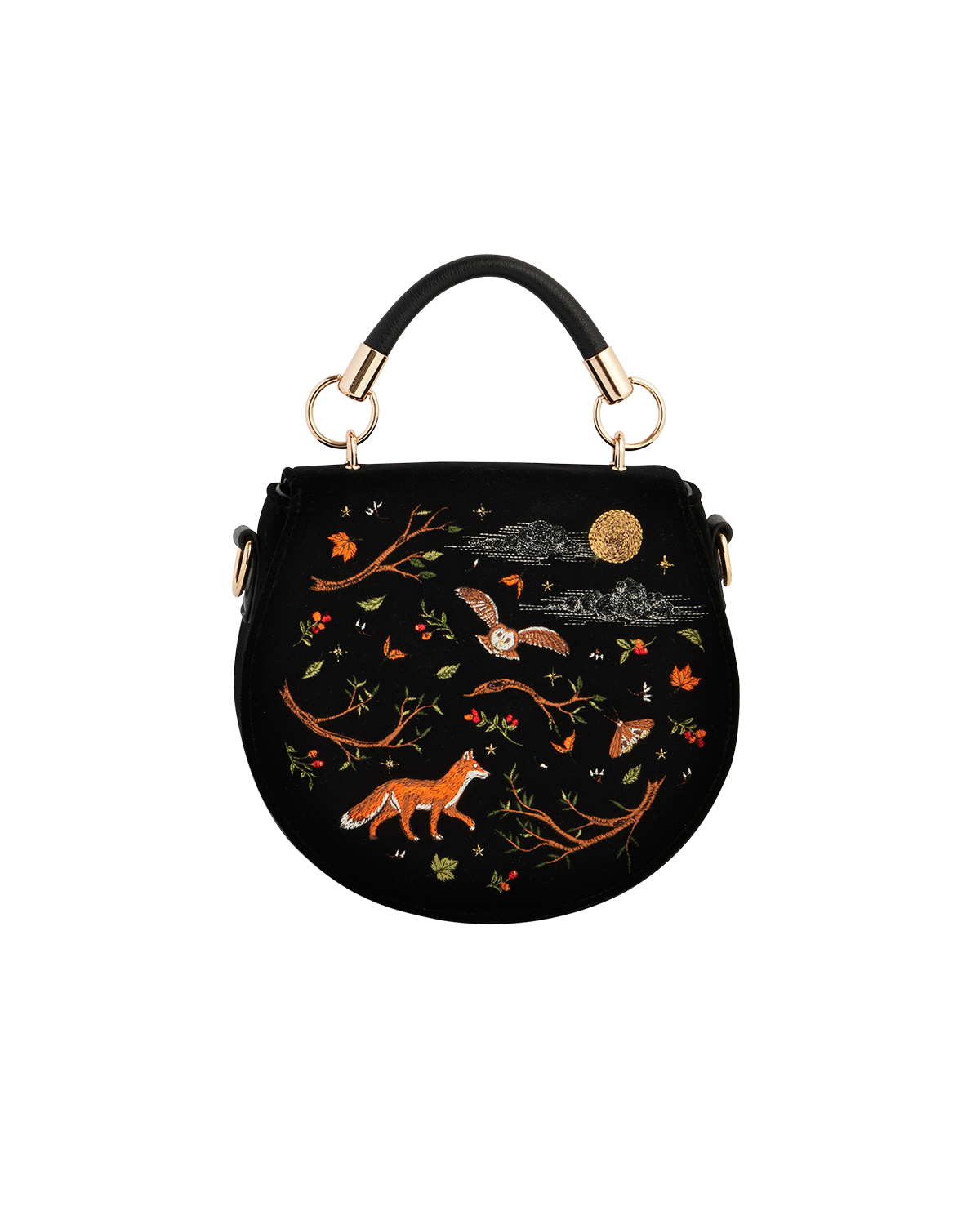 Black Fox & Owl Embroidered Top Handle Saddle Bag
