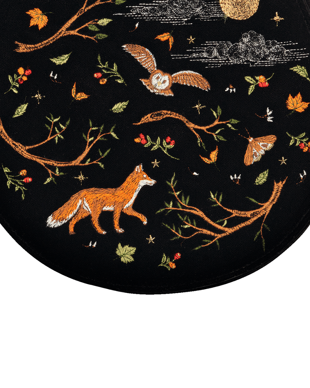 Black Fox & Owl Embroidered Top Handle Saddle Bag