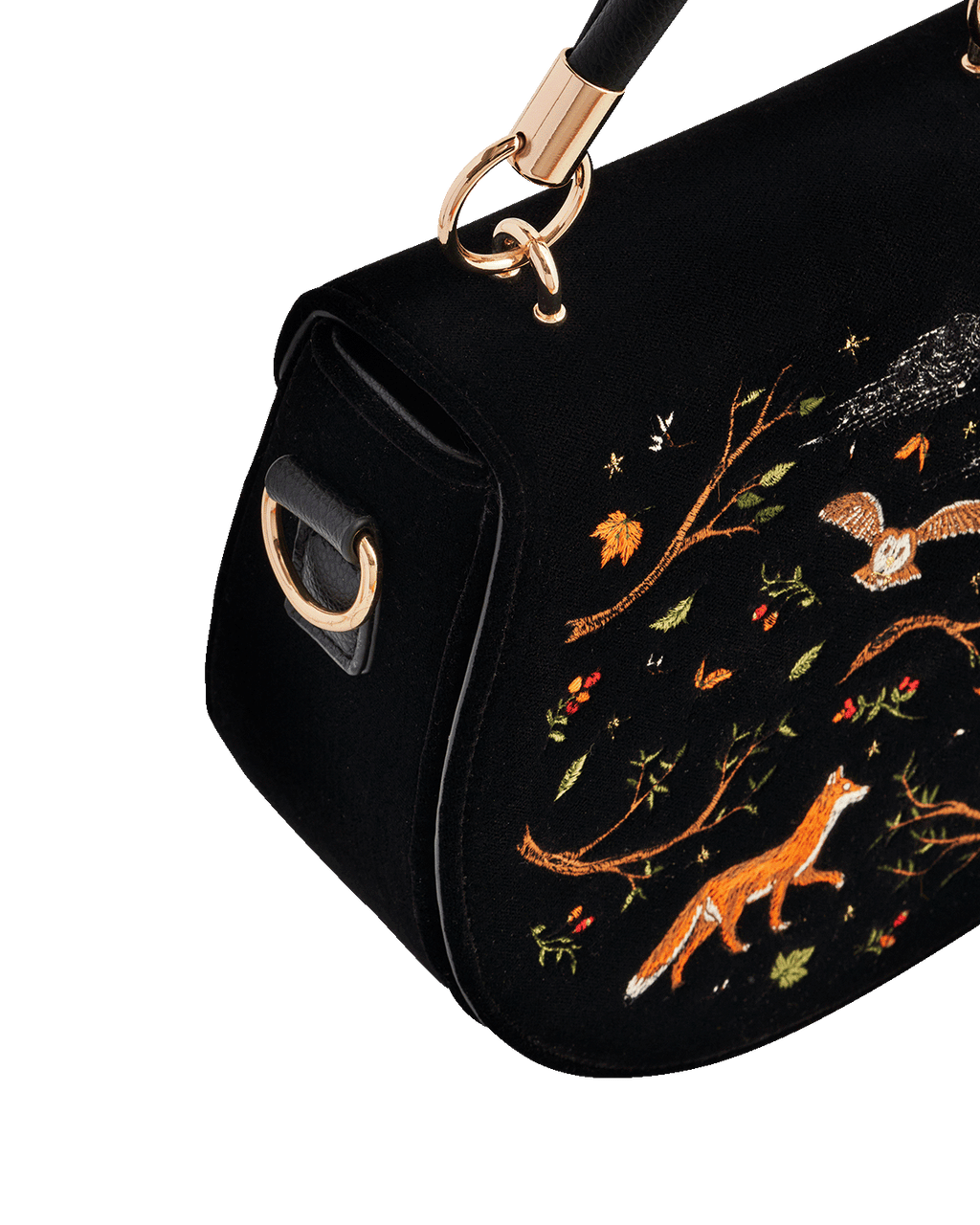 Black Fox & Owl Embroidered Top Handle Saddle Bag