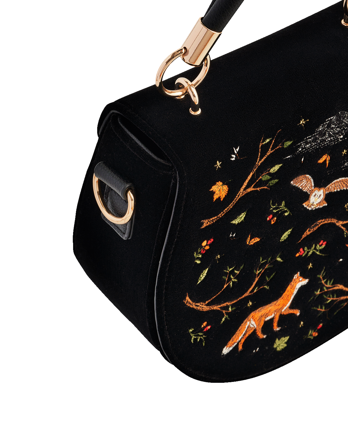 Black Fox & Owl Embroidered Top Handle Saddle Bag