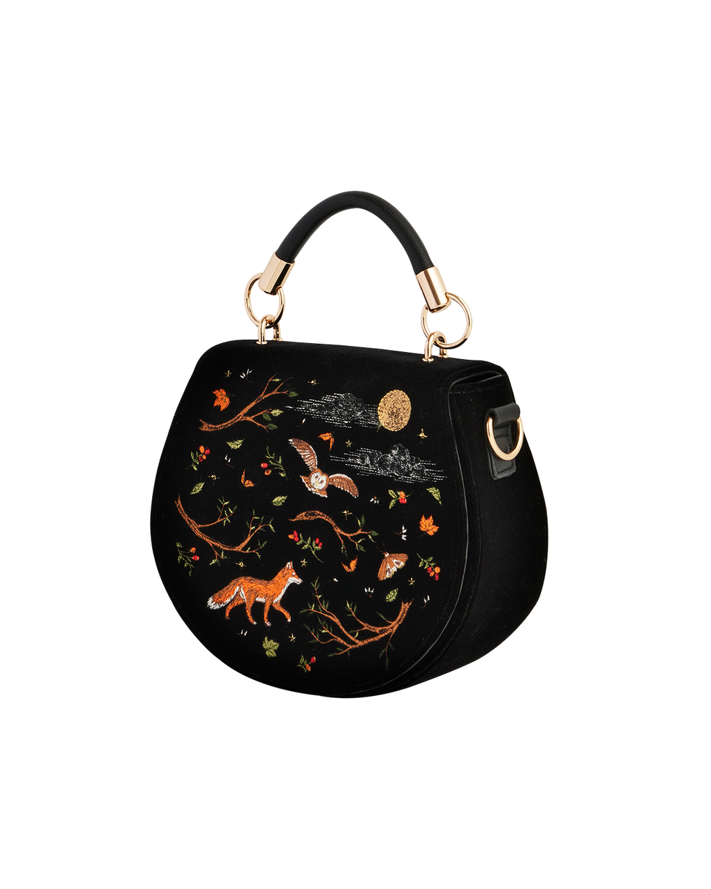 Black Fox & Owl Embroidered Top Handle Saddle Bag