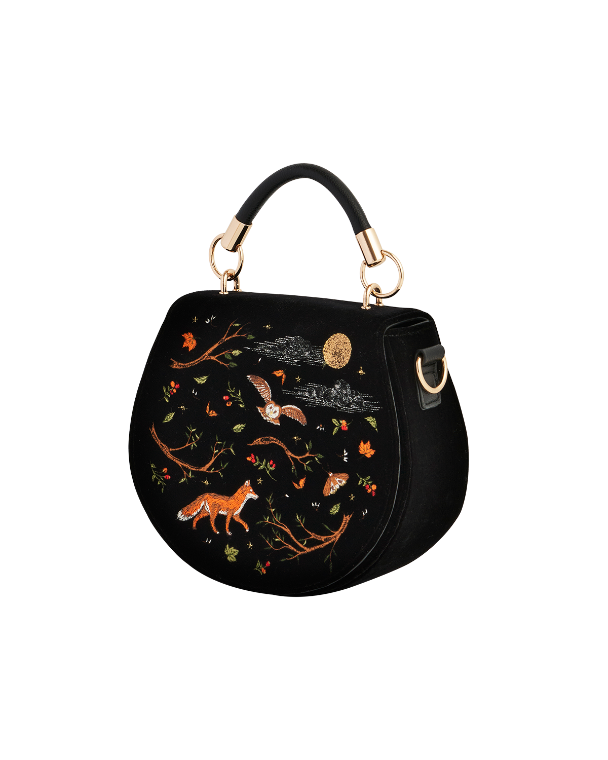 Black Fox & Owl Embroidered Top Handle Saddle Bag