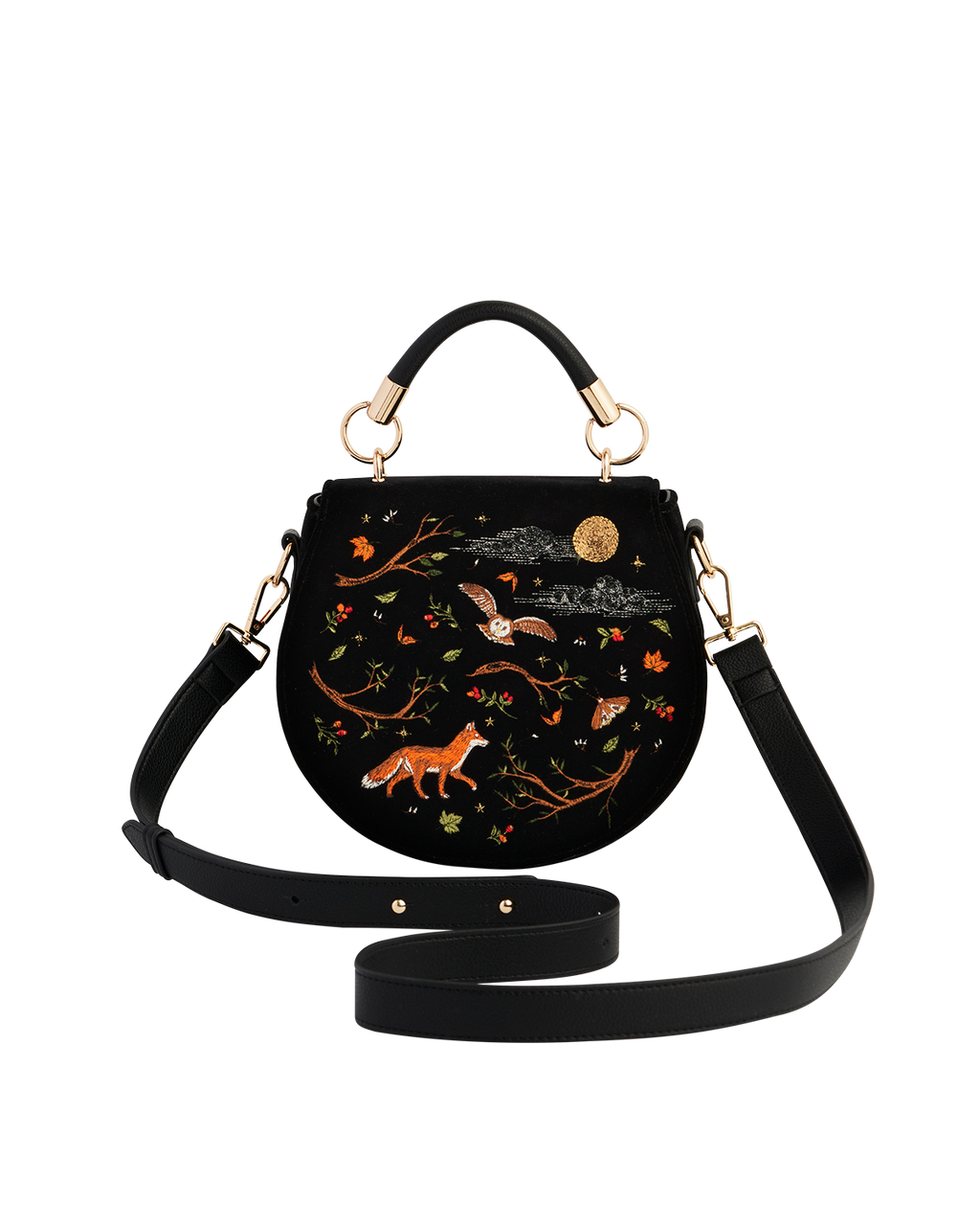 Black Fox & Owl Embroidered Top Handle Saddle Bag