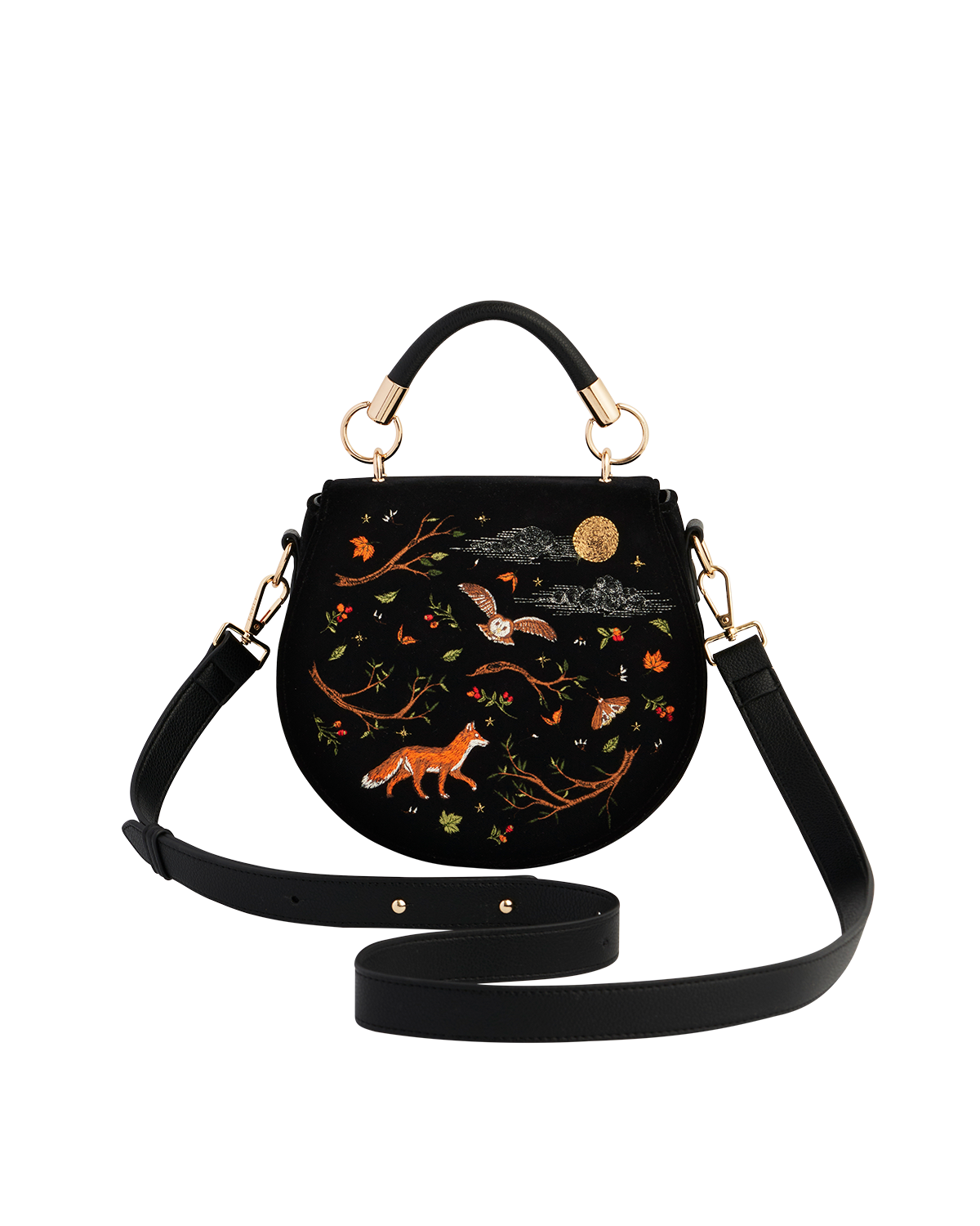 Black Fox & Owl Embroidered Top Handle Saddle Bag