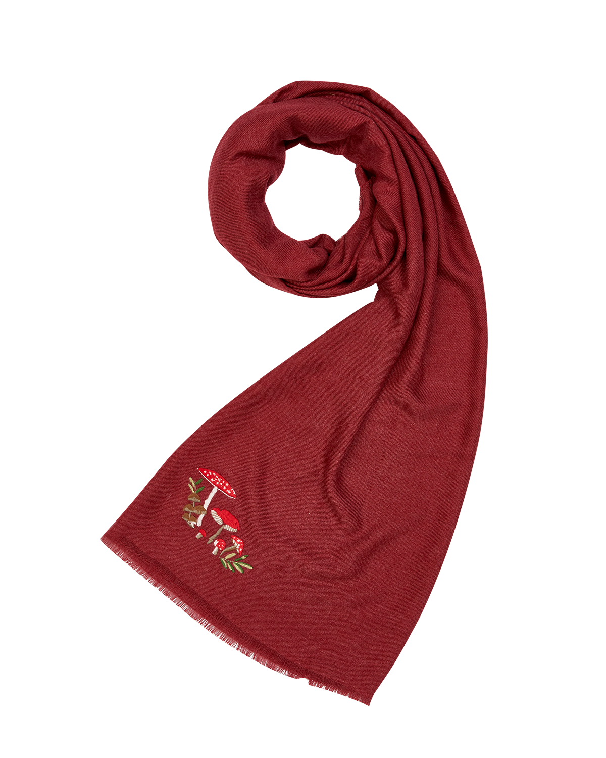Mushroom Embroidered Burgundy Pashmina Scarf