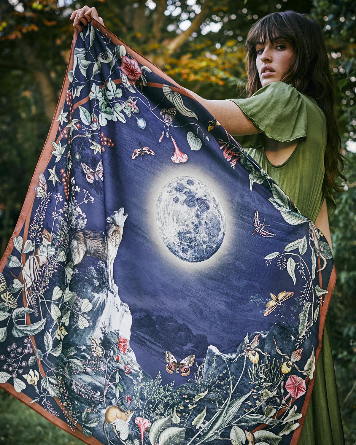 Navy Wolf Garden Narrative Square Scarf
