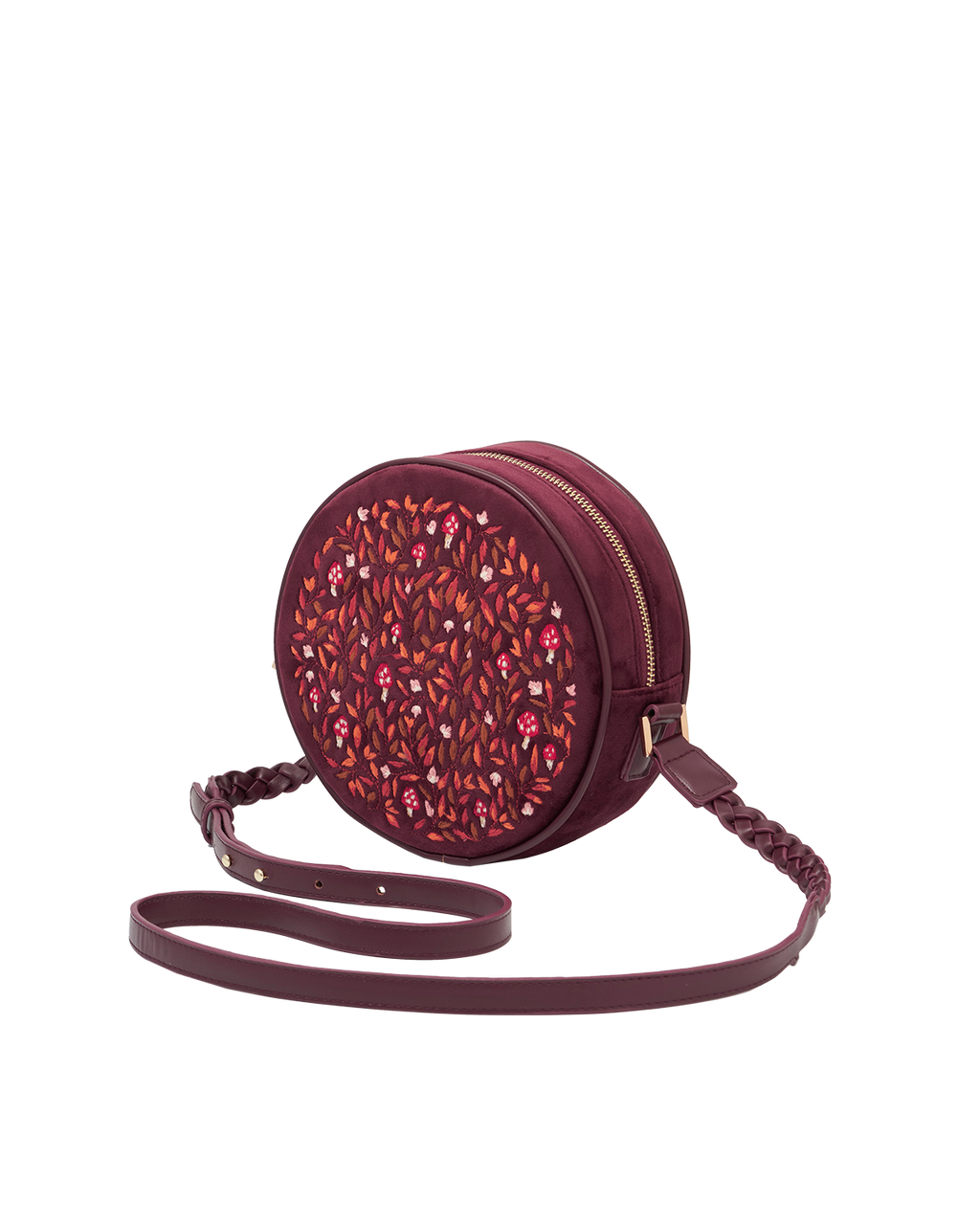 Magical Mushroom Embroidered Burgundy Velvet Circle Bag