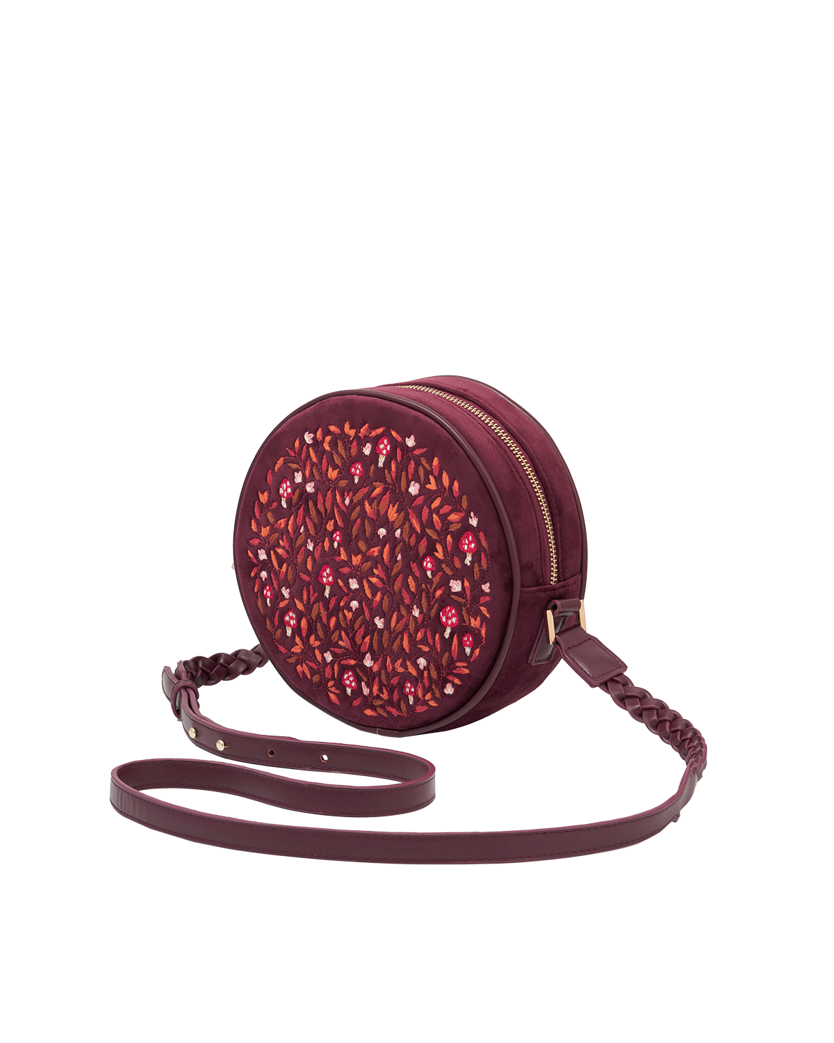 Magical Mushroom Embroidered Burgundy Velvet Circle Bag