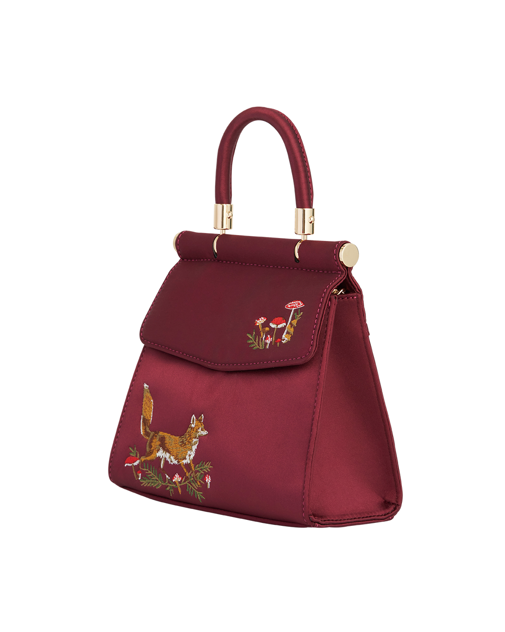 Fox & Mushroom Embroidered Burgundy Satin Tote