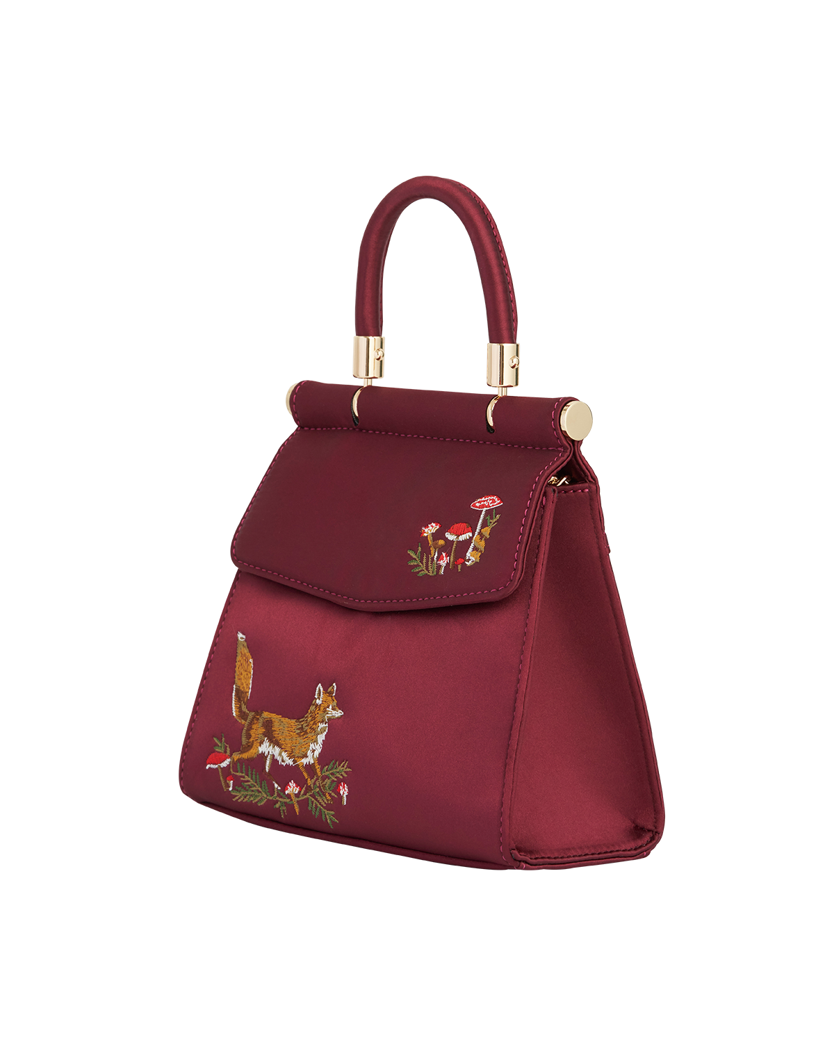 Fox & Mushroom Embroidered Burgundy Satin Tote