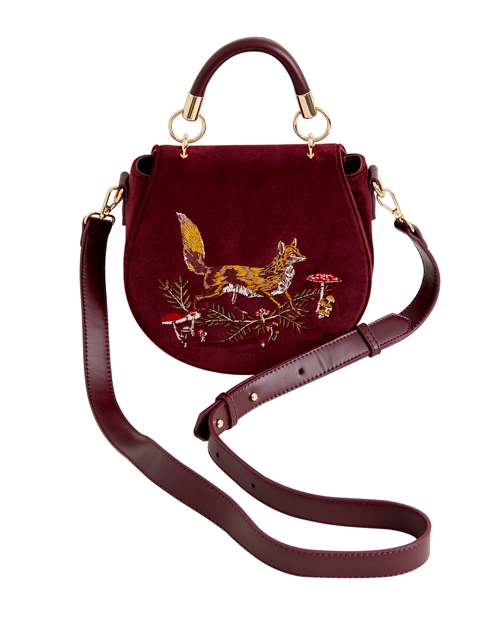 Fox & Mushroom Embroidered Saddle Bag - Redcurrant Velvet