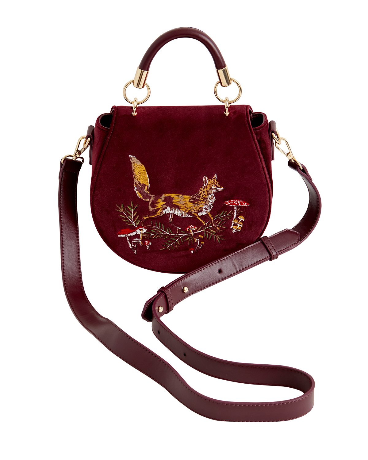 Fox & Mushroom Embroidered Saddle Bag - Redcurrant Velvet