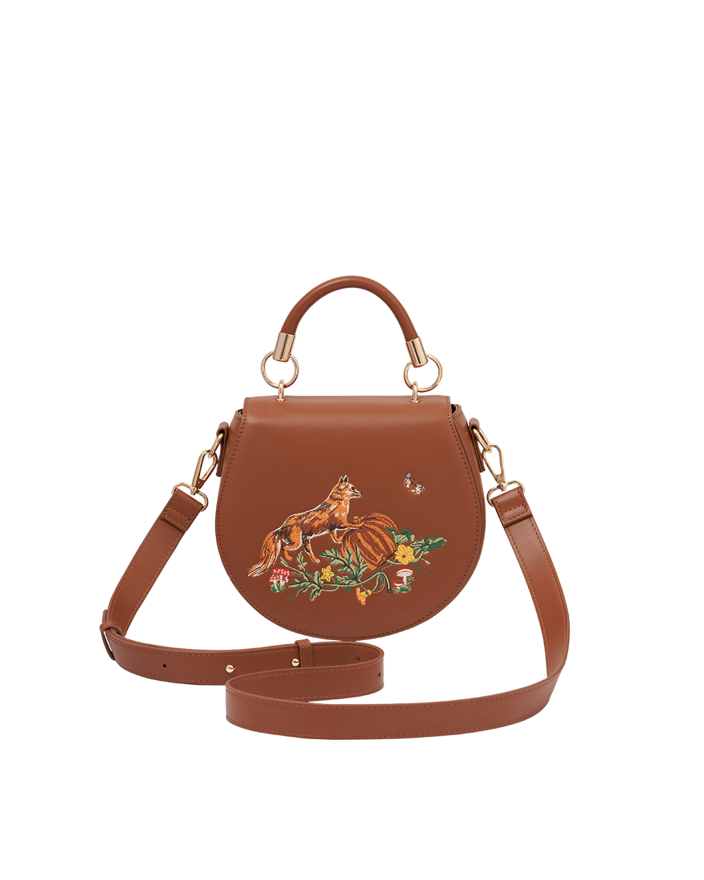 Fox & Pumpkin Embroidered Tan Saddle Bag