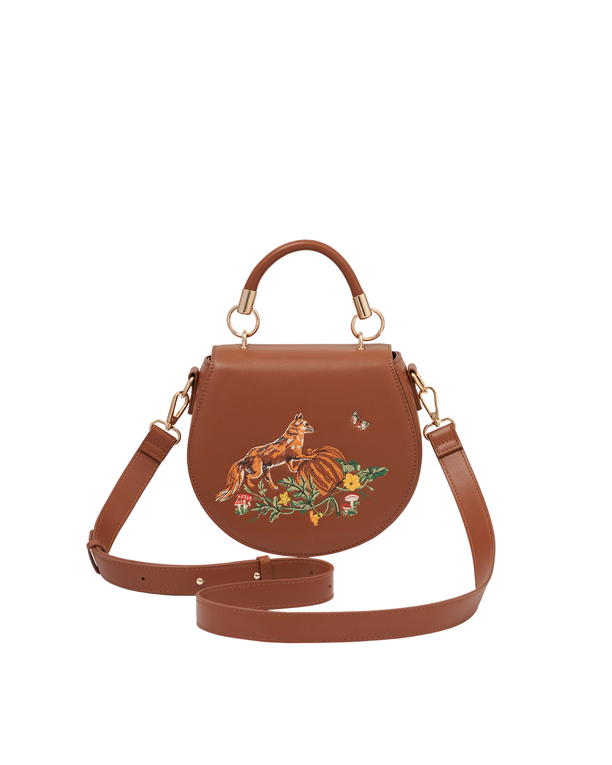 Fox & Pumpkin Embroidered Tan Saddle Bag