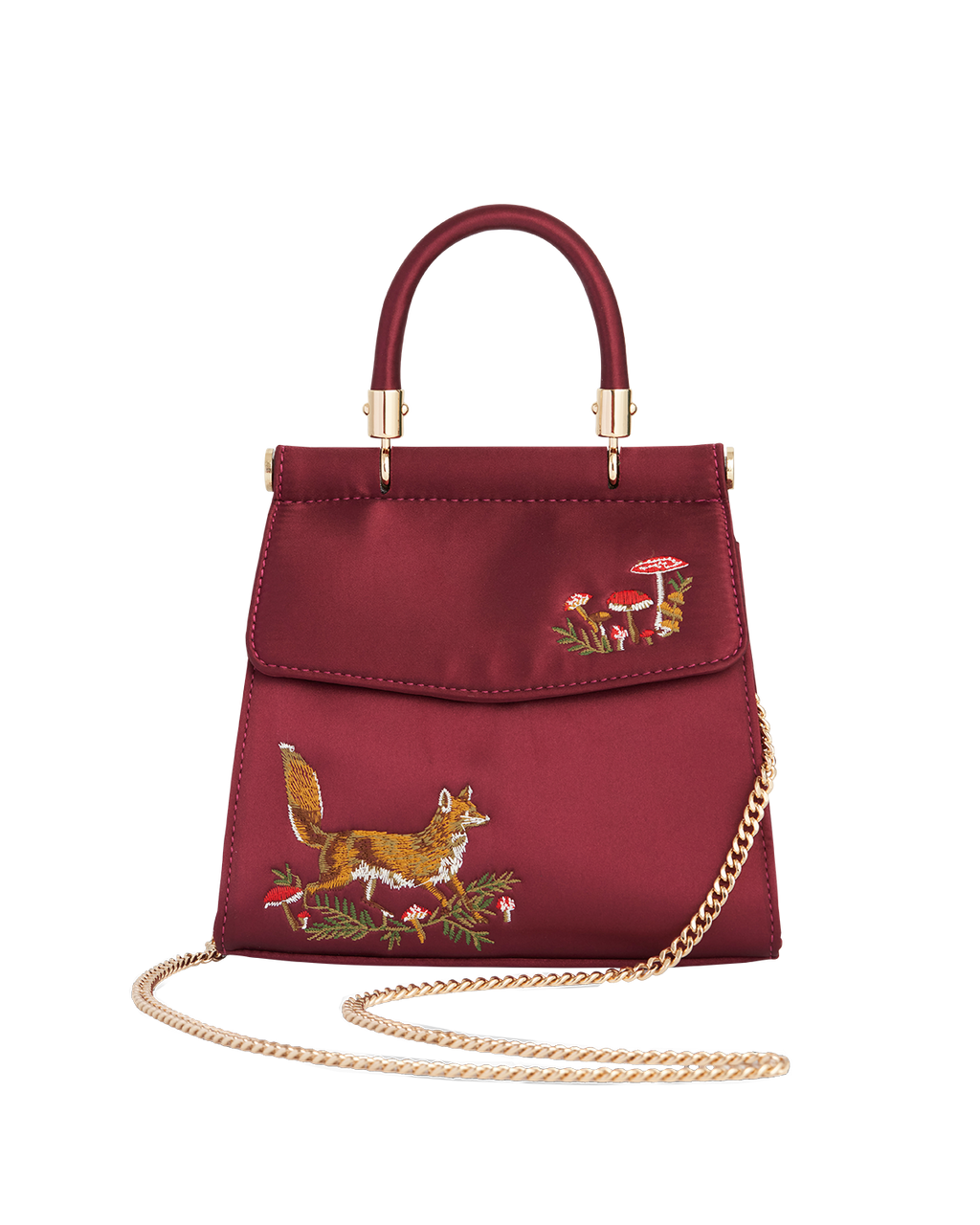 Fox & Mushroom Embroidered Burgundy Satin Tote