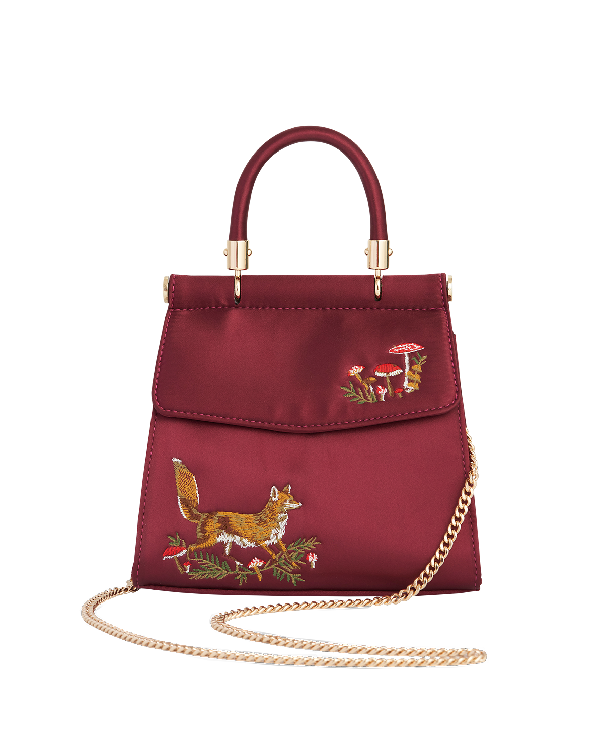 Fox & Mushroom Embroidered Burgundy Satin Tote