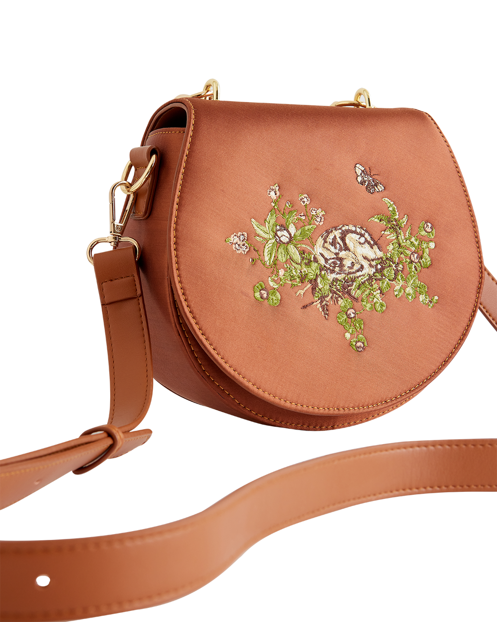 Sleepy Fawn Embroidered Satin Saddle Bag