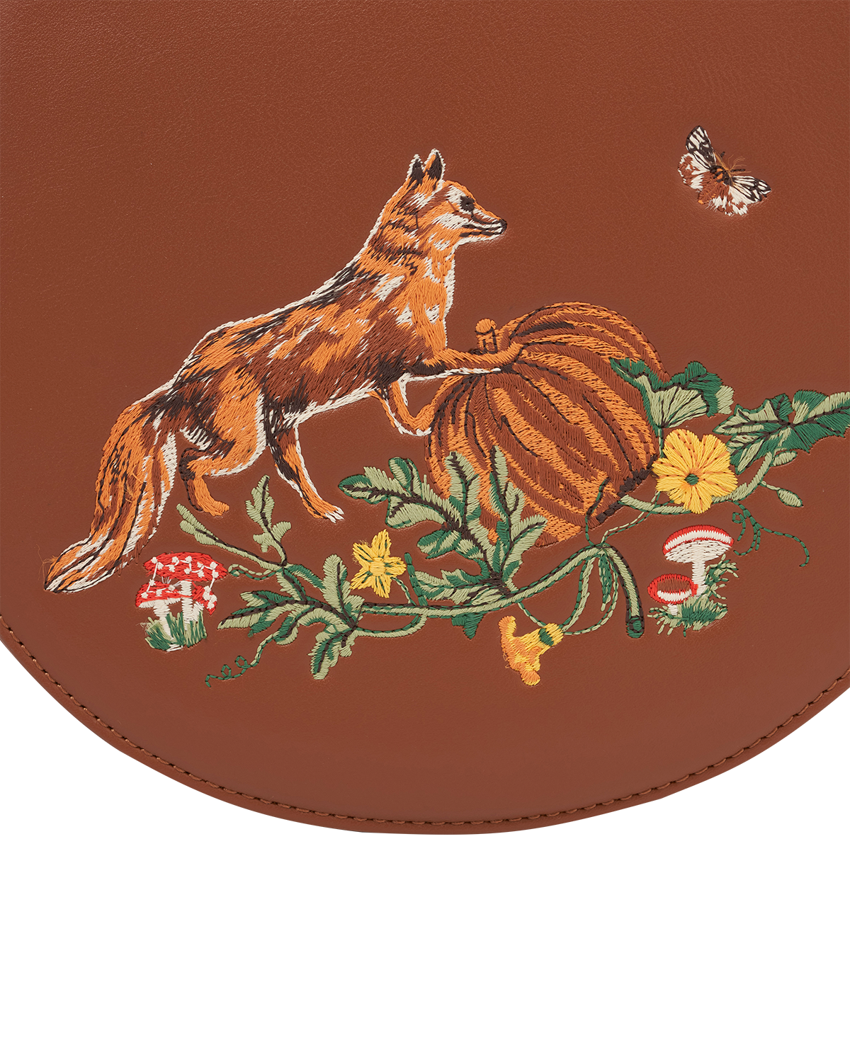 Fox & Pumpkin Embroidered Tan Saddle Bag