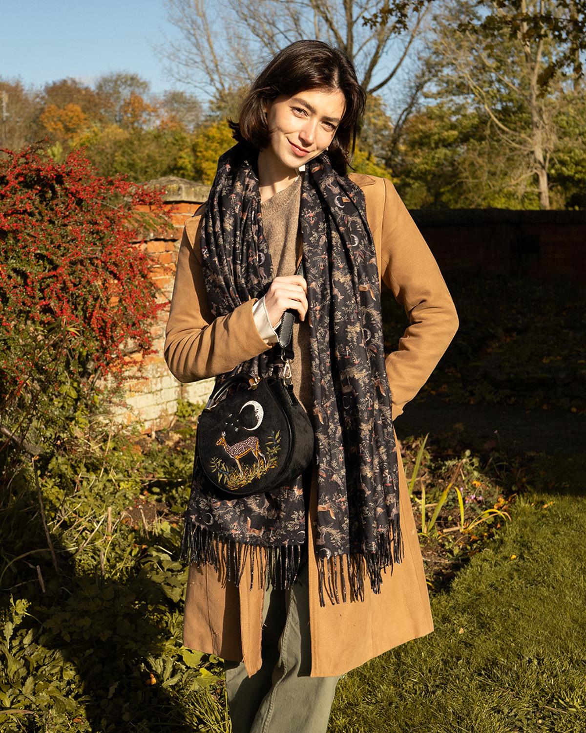 Black A Night's Tale Woodland Tassel Scarf