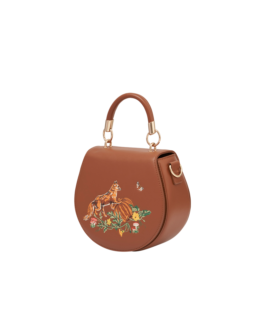 Fox & Pumpkin Embroidered Tan Saddle Bag