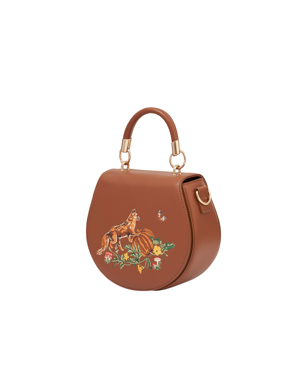 Fox & Pumpkin Embroidered Tan Saddle Bag