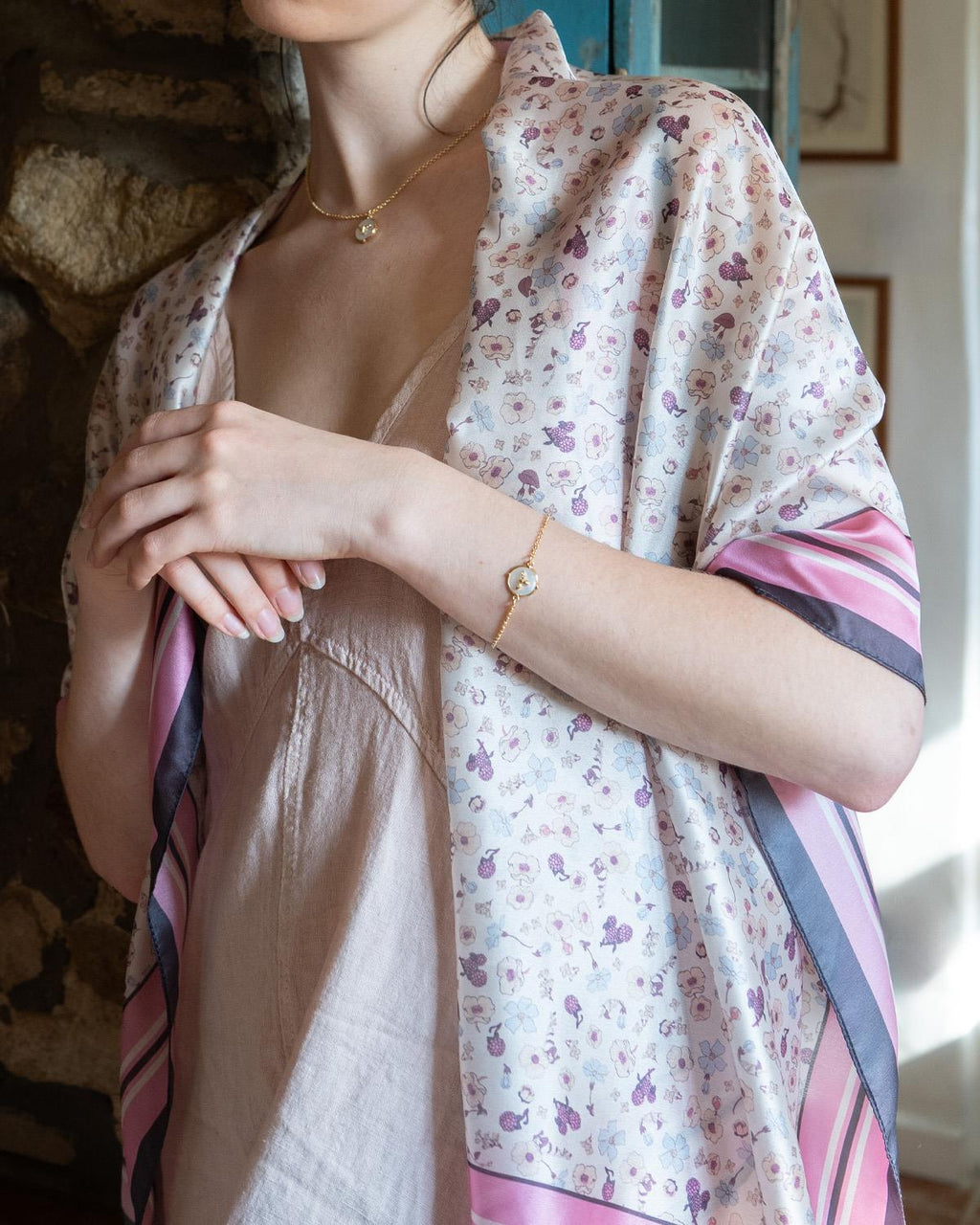 Deco Blooms Silky Lightweight Cream Scarf