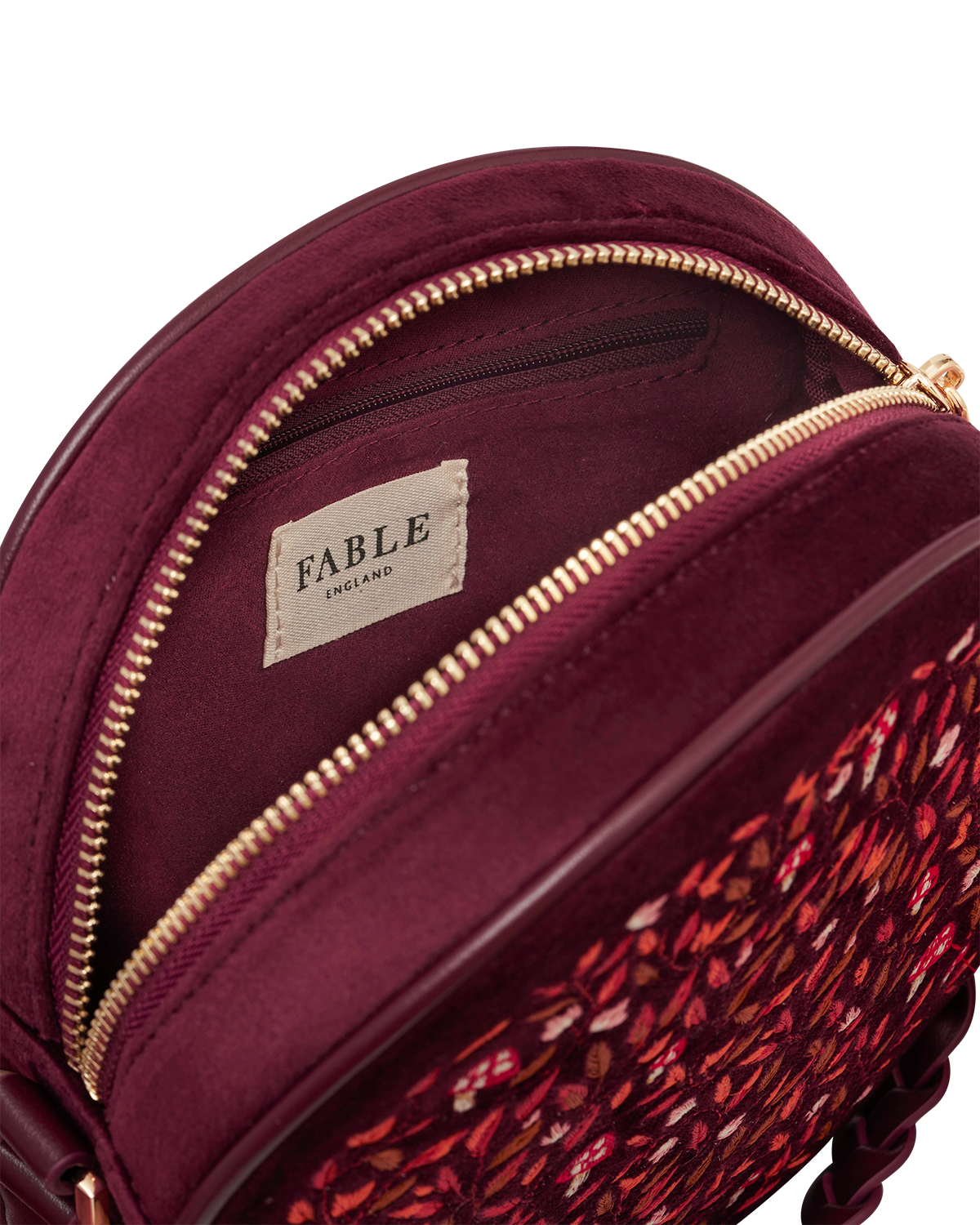 Magical Mushroom Embroidered Burgundy Velvet Circle Bag