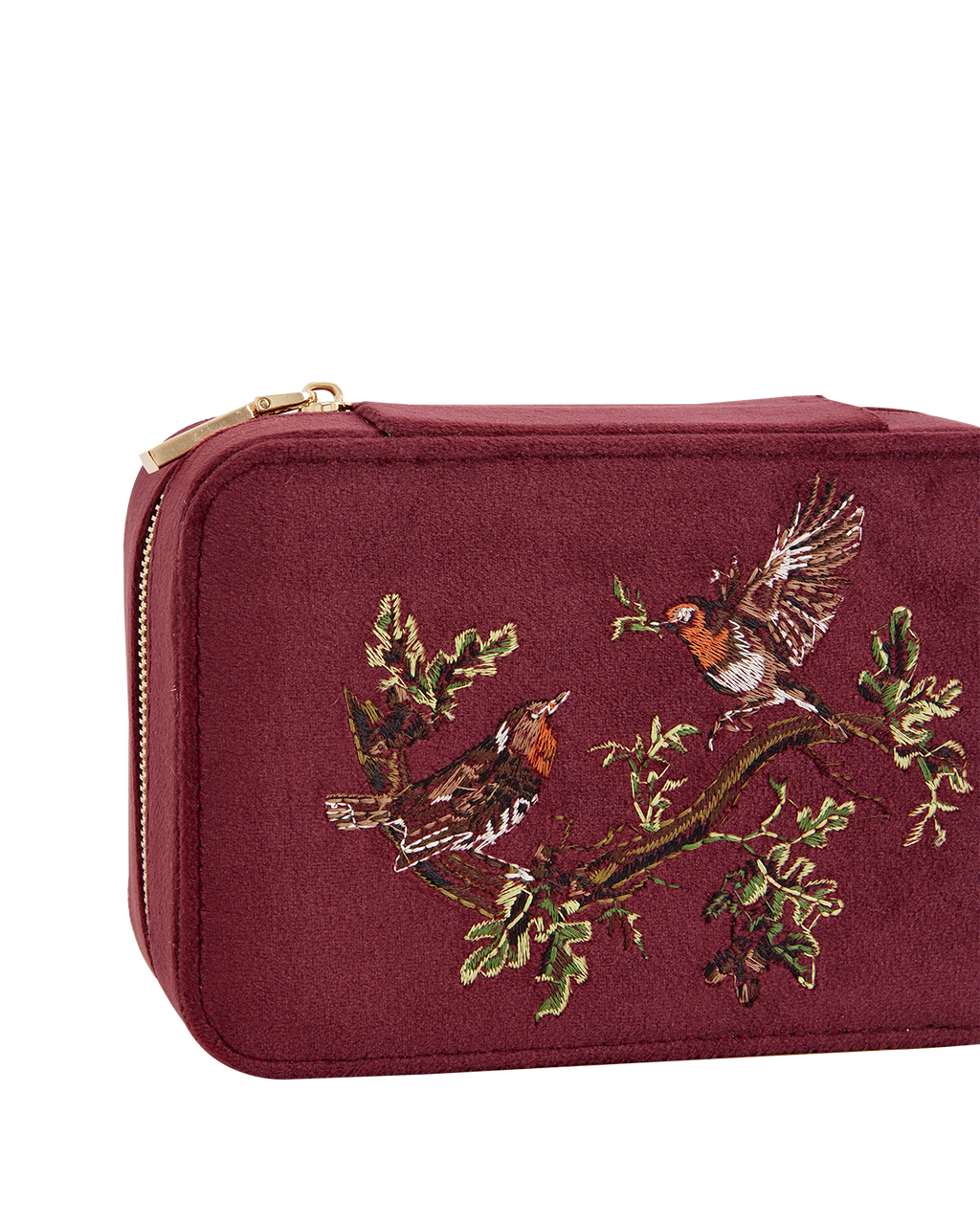 Robin Love Embroidered Large Jewellery Box Redcurrant Velvet