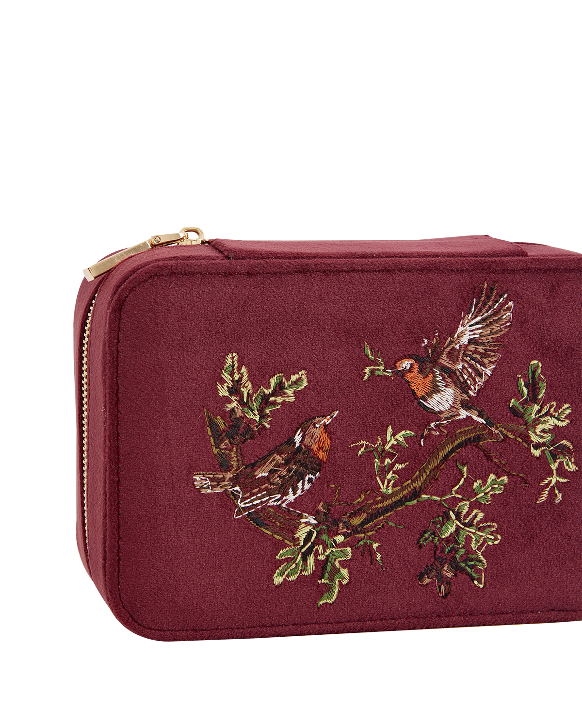 Robin Love Embroidered Large Jewellery Box Redcurrant Velvet
