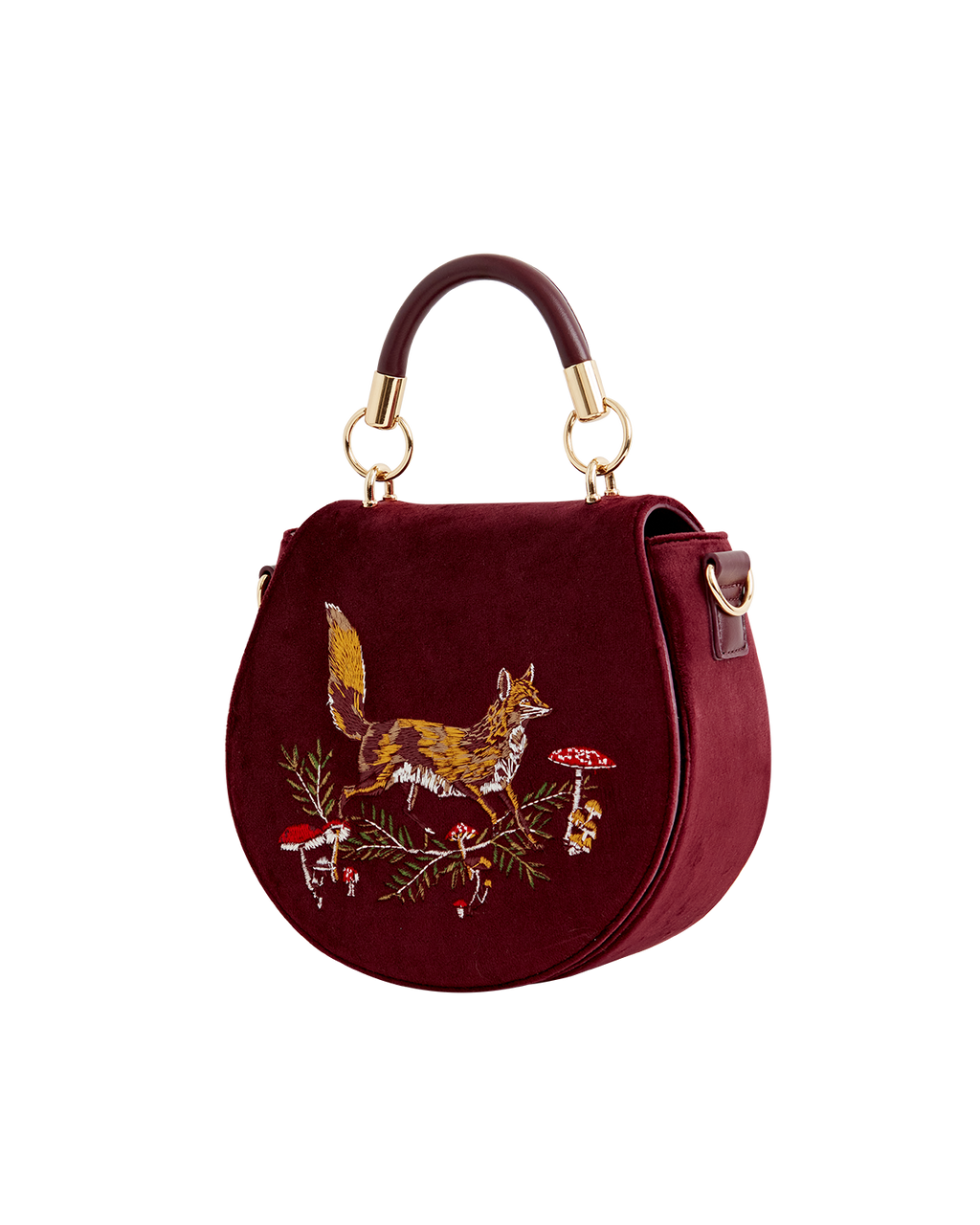 Fox & Mushroom Embroidered Saddle Bag - Redcurrant Velvet
