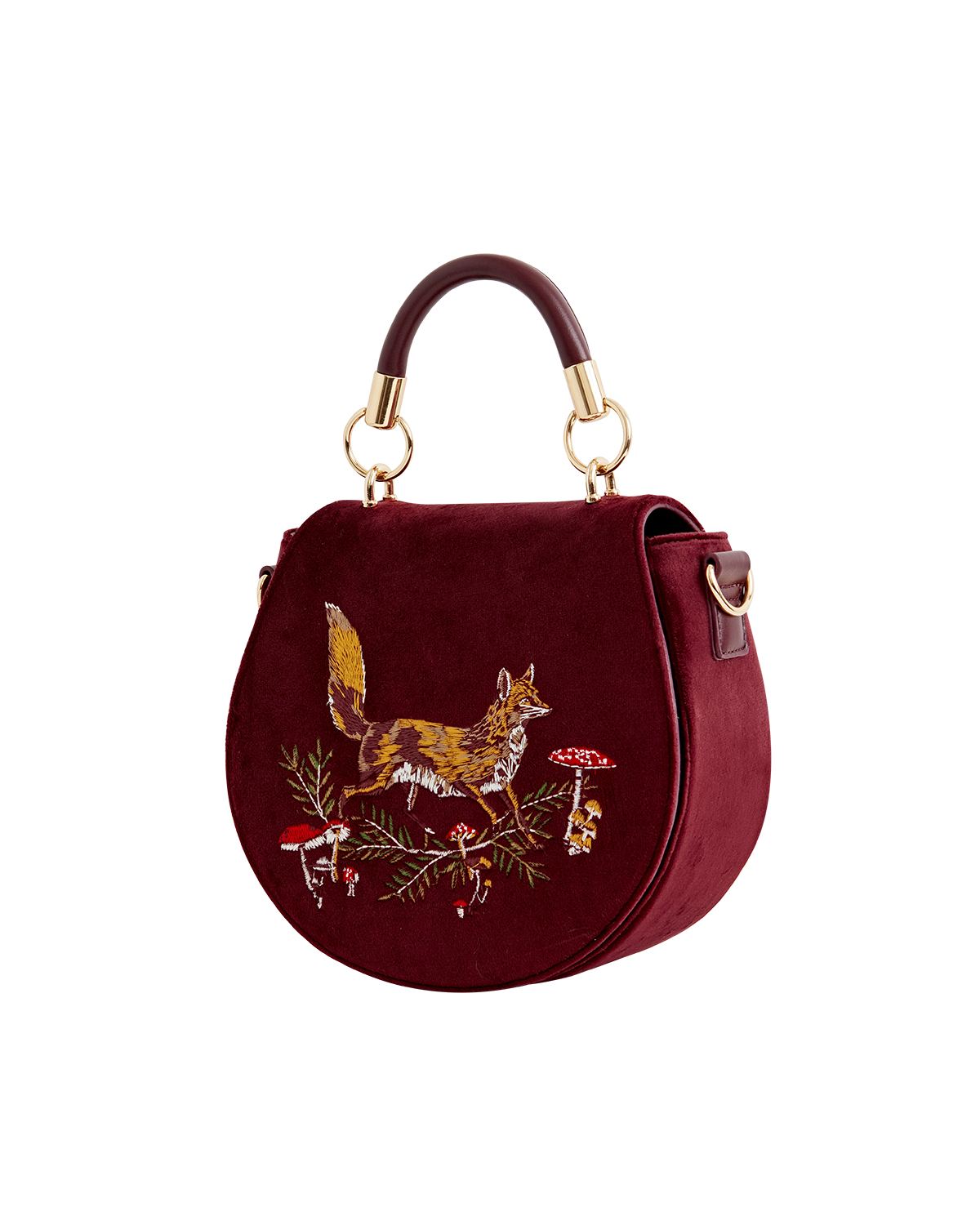 Fox & Mushroom Embroidered Saddle Bag - Redcurrant Velvet